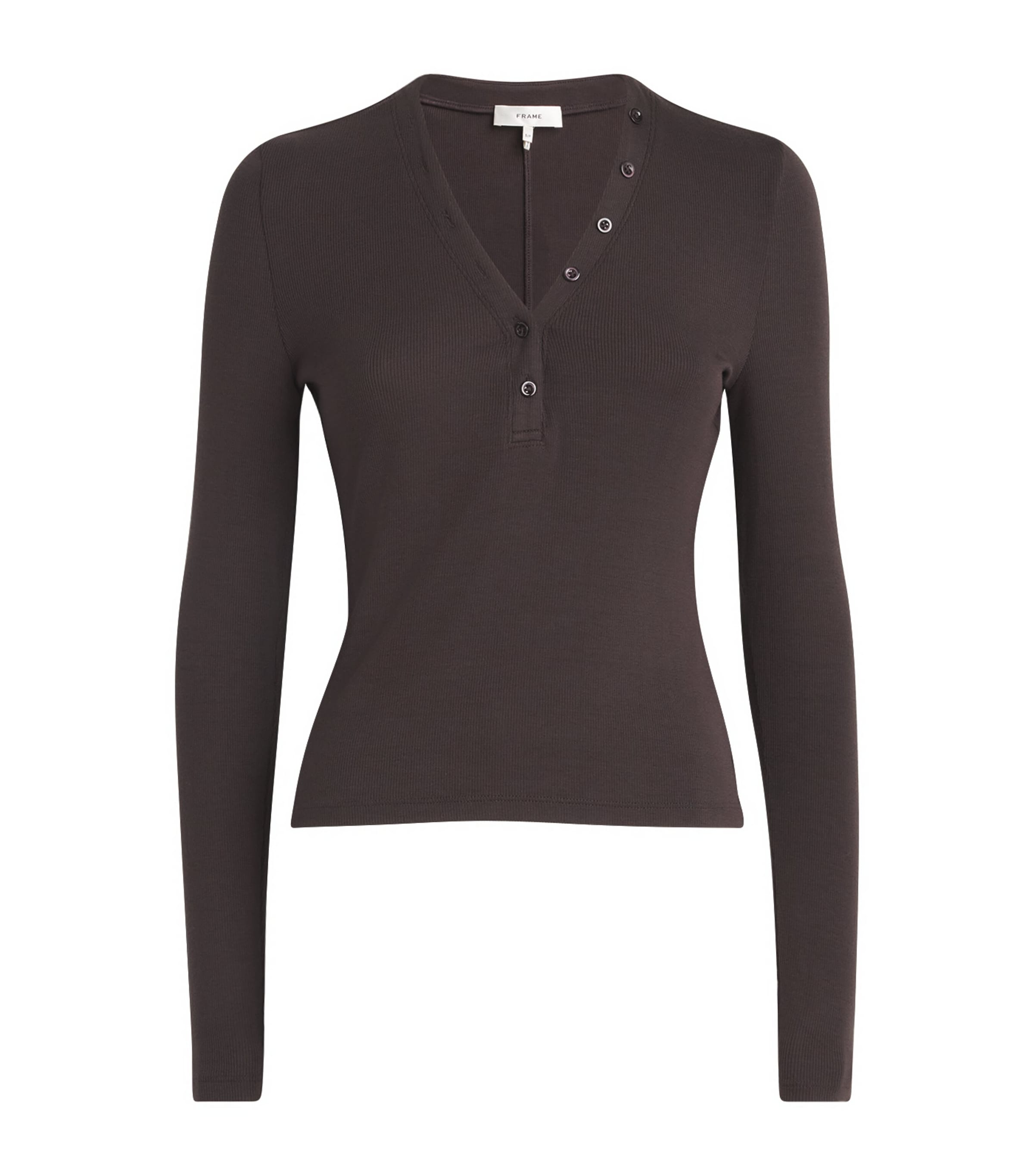 FRAME Modal Ribbed Henley T-Shirt Chocolate Brown