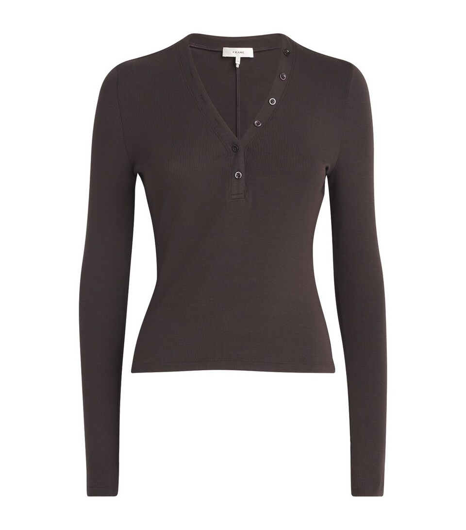 FRAME Modal Ribbed Henley T-Shirt Chocolate Brown