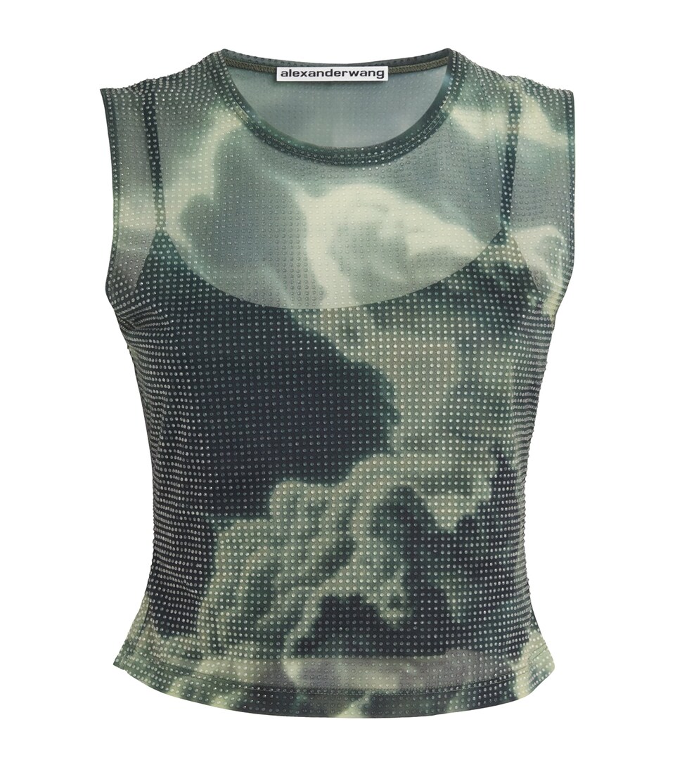 LOEWE Rhinestone Cloud Print Sheer Tank Top Tan