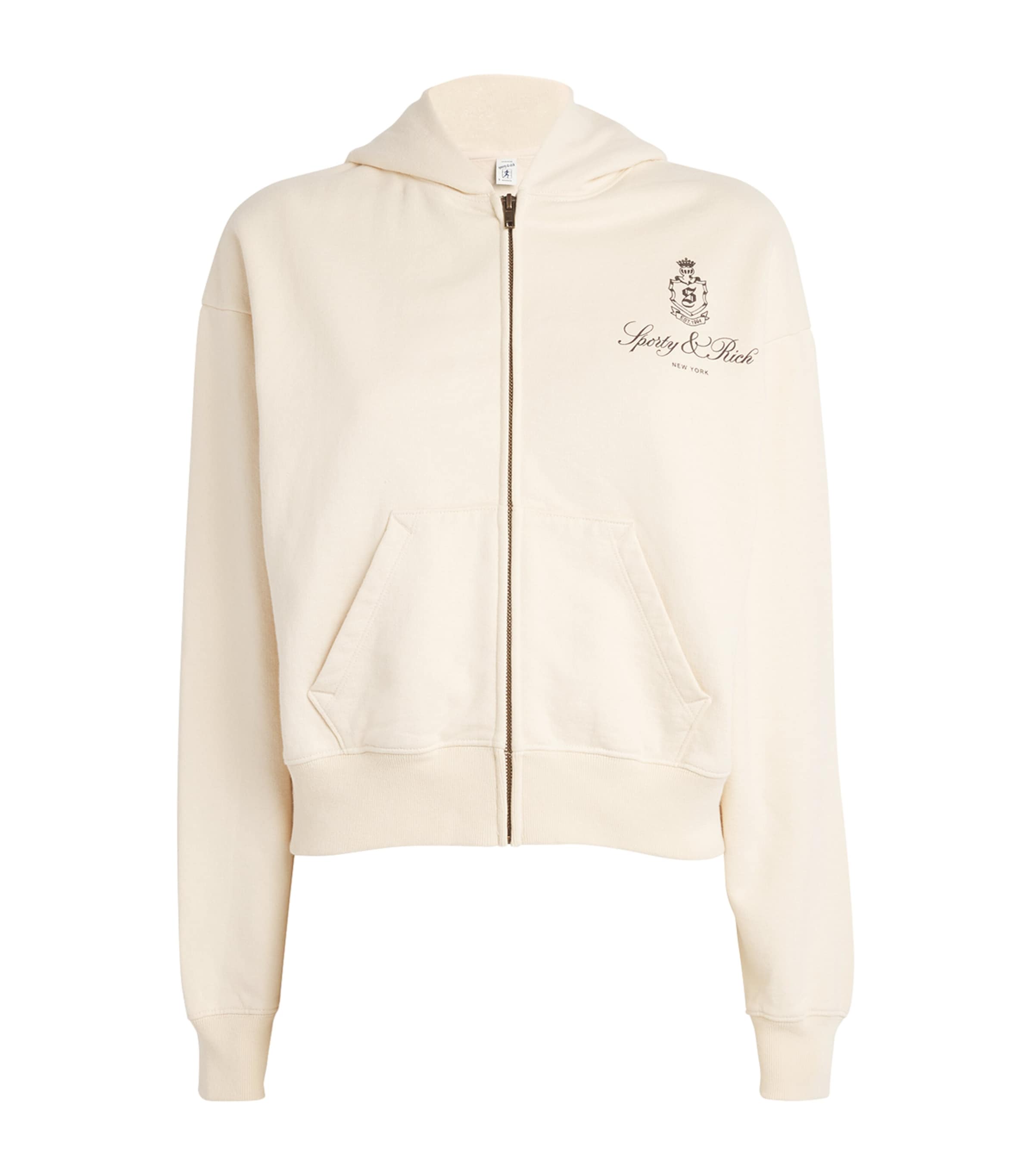 Sporty & Rich Cotton Vendome Zip Hoodie Cream Chocolate