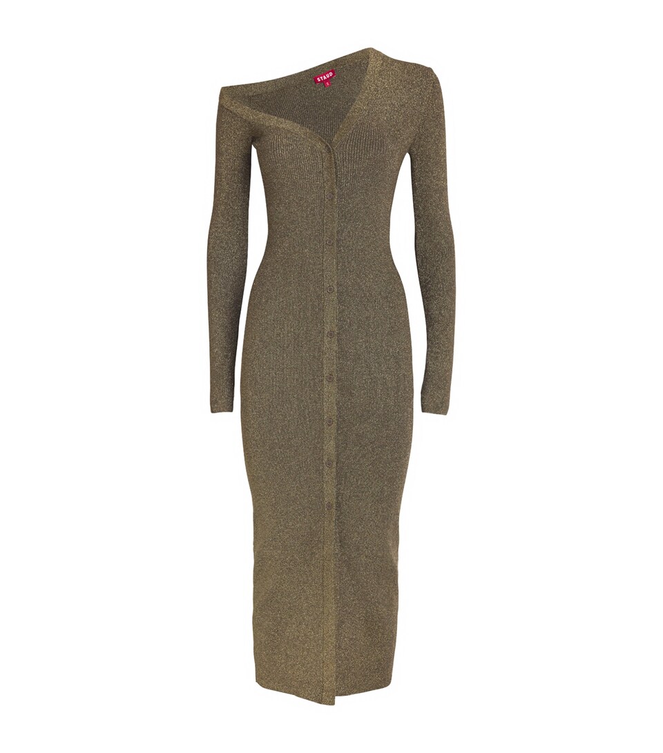 STAUD Knitted Craftsman Midi Dress Metallic Gold