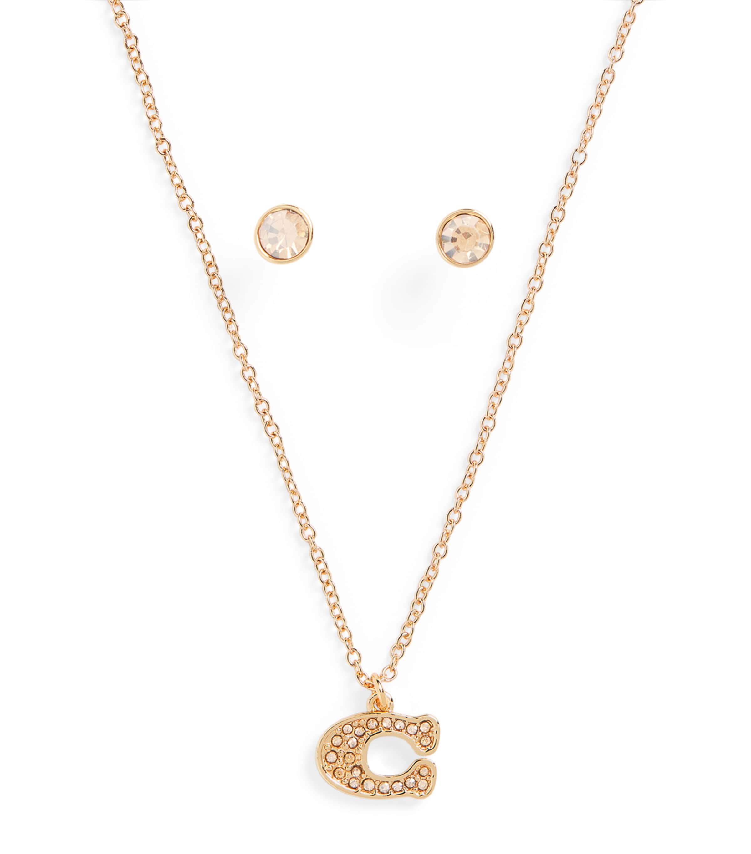 Coach Embellished Monogram Necklace and Earrings Set Gold
