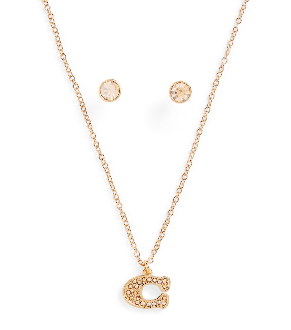 Coach Embellished Monogram Necklace and Earrings Set Gold