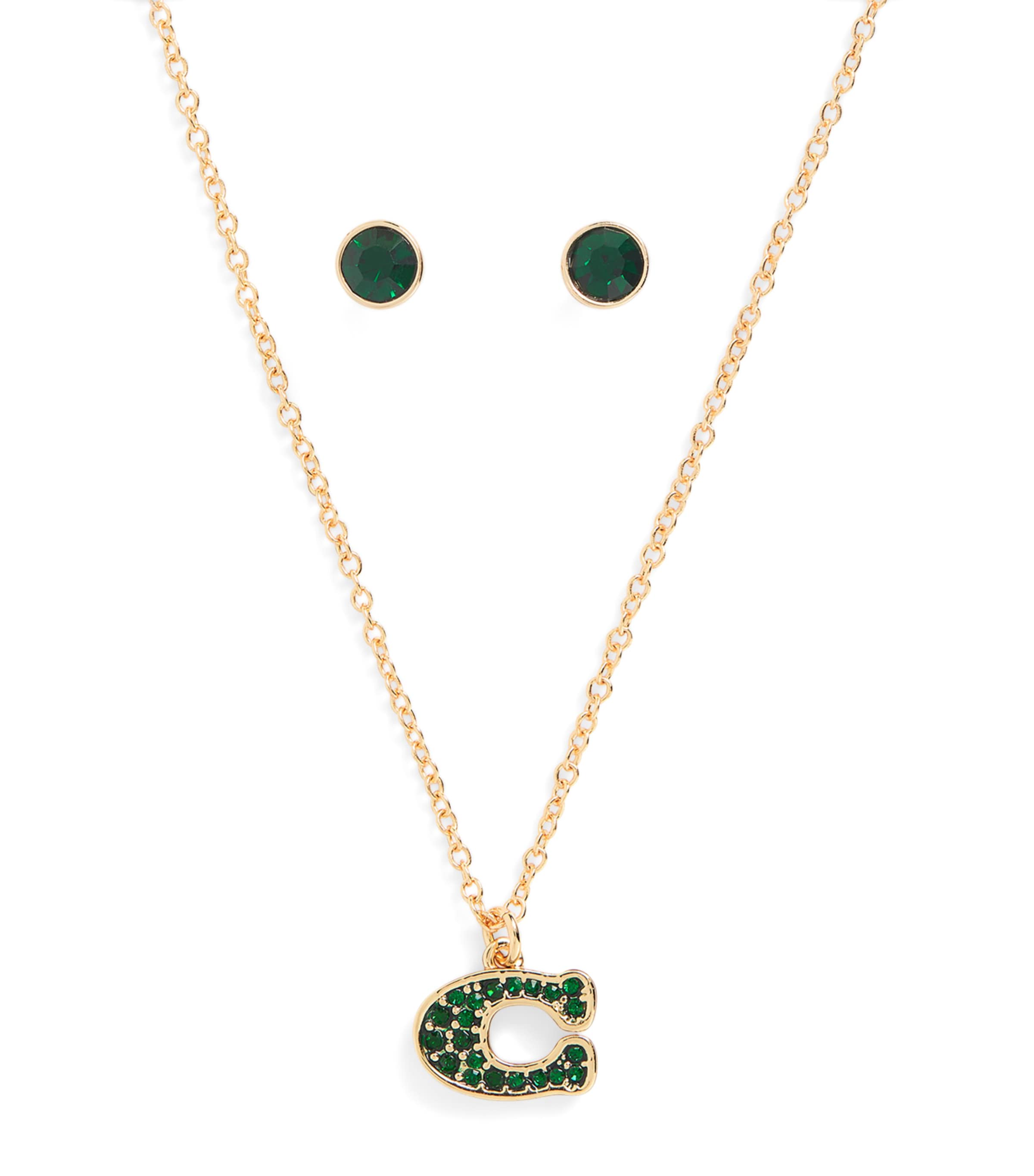 Coach Embellished Monogram Necklace and Earrings Set Green