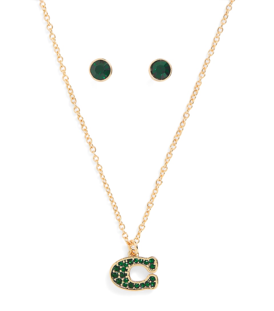 Coach Embellished Monogram Necklace and Earrings Set Green