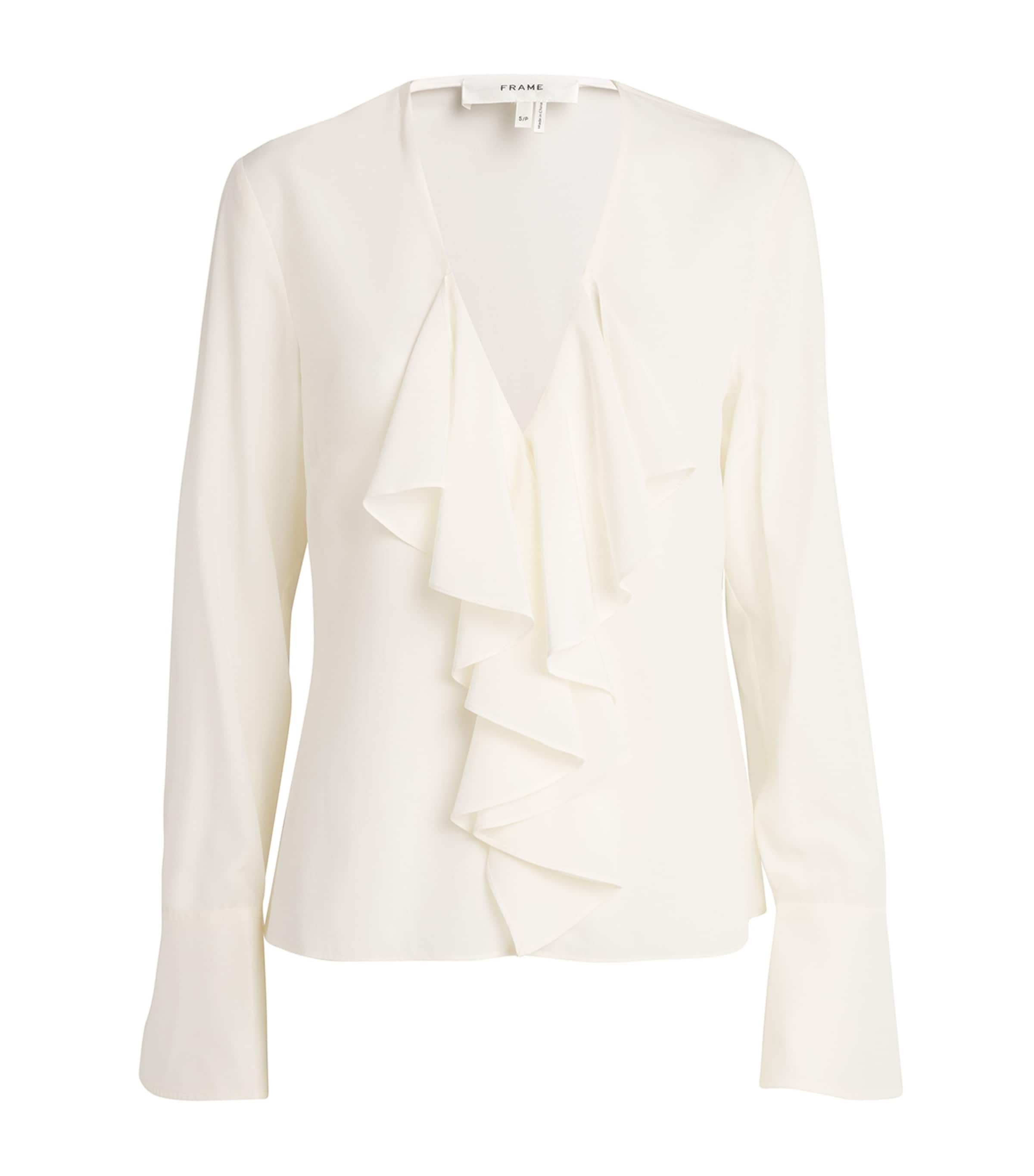 FRAME Silk Ruffle-Neck Blouse Cream