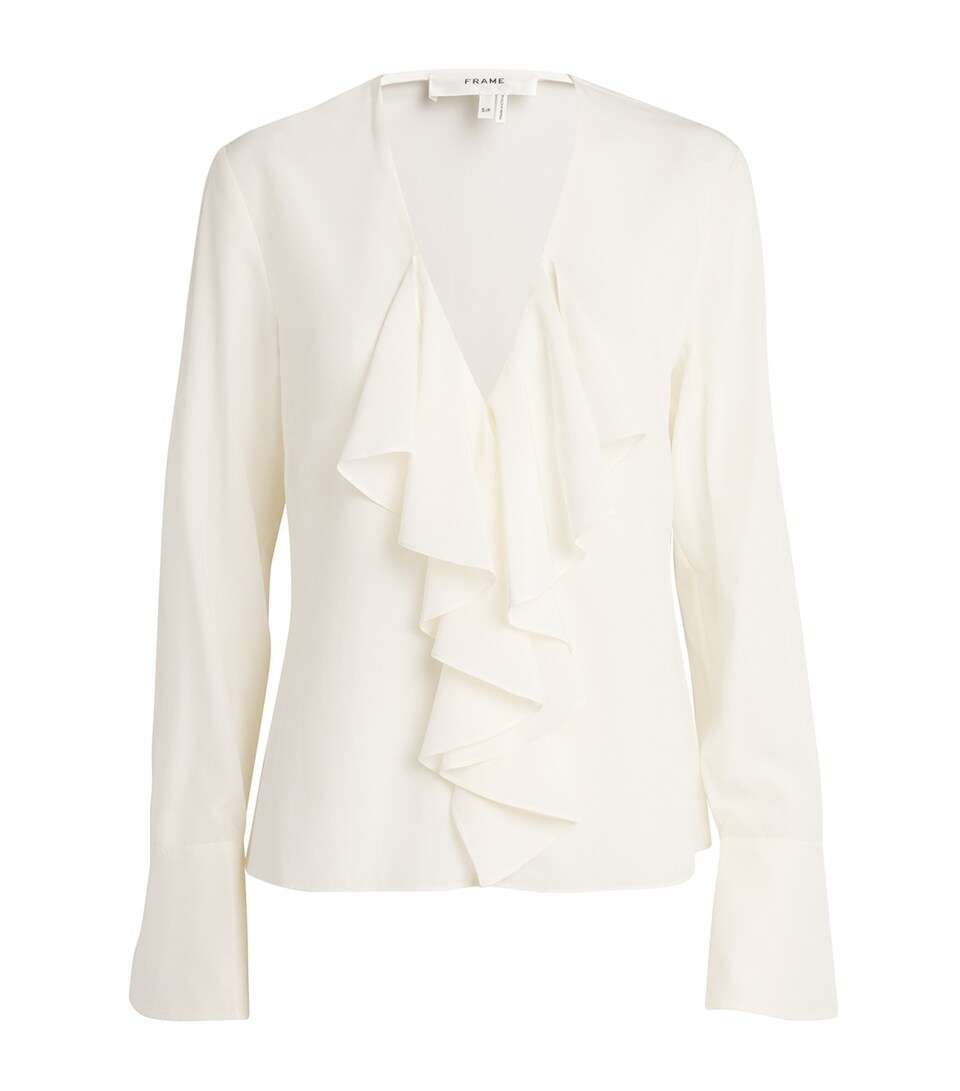 FRAME Silk Ruffle-Neck Blouse Cream