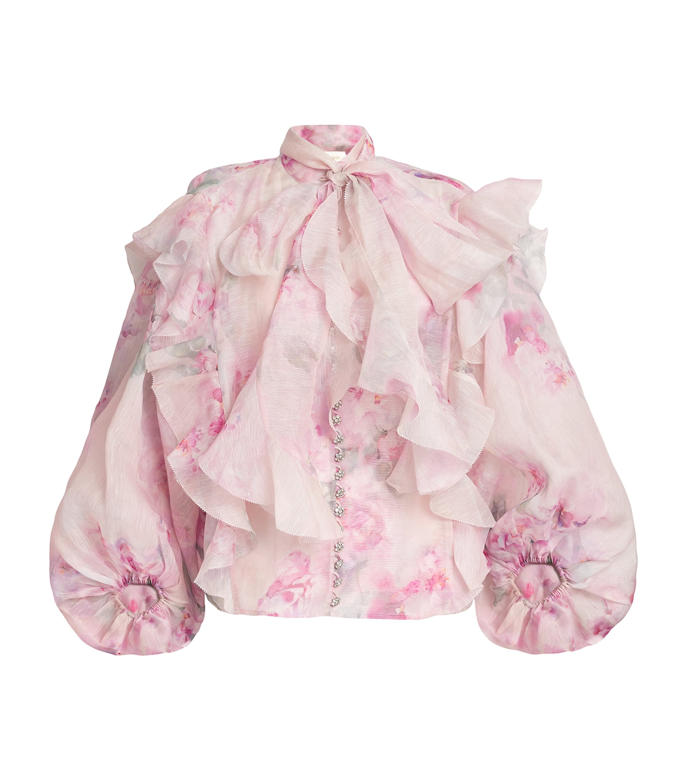 Zimmermann Linen-Silk Pussybow Blouse Pifpink Floral