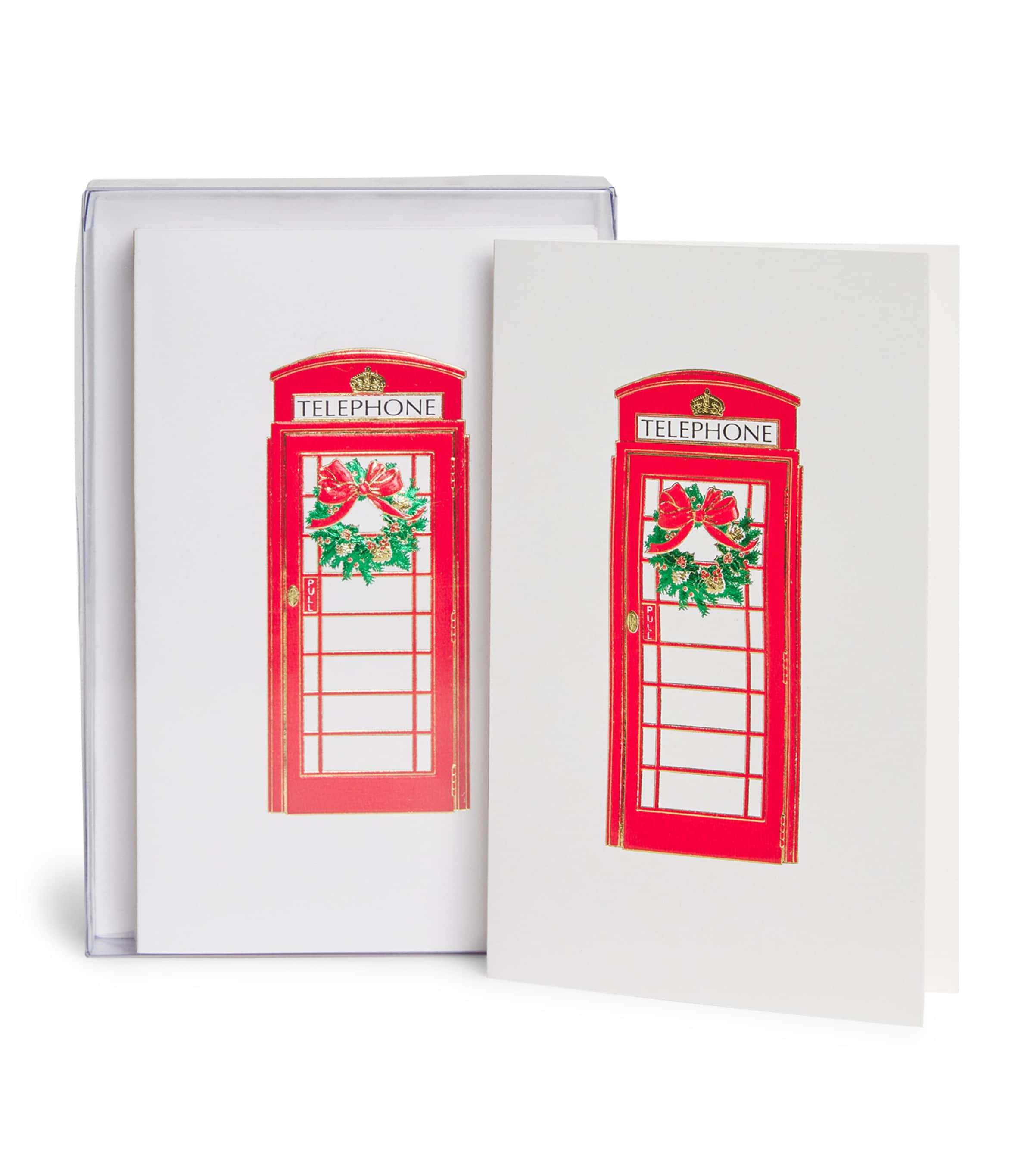 Paula Skene Mini London Phone Booth With Wreath Christmas Cards (Set of 8) Red