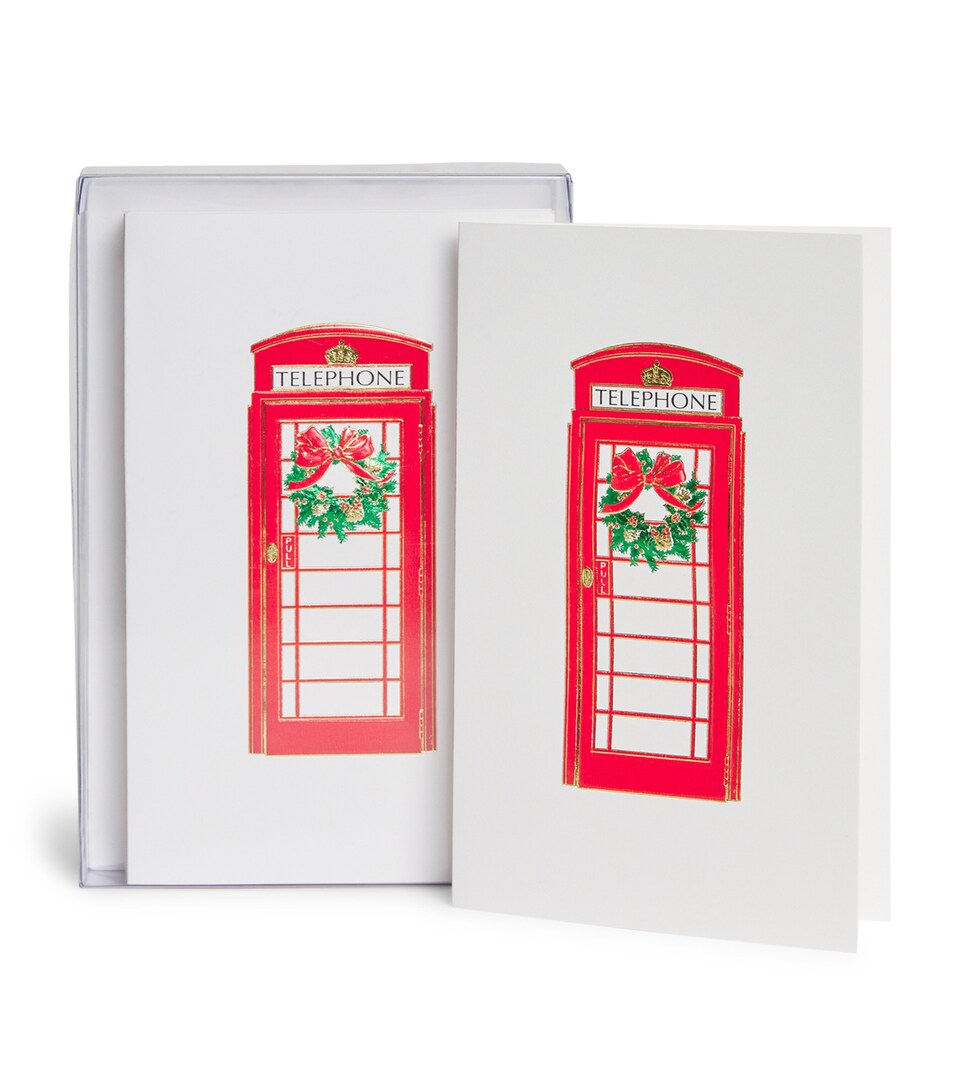Paula Skene Mini London Phone Booth With Wreath Christmas Cards (Set of 8) Red
