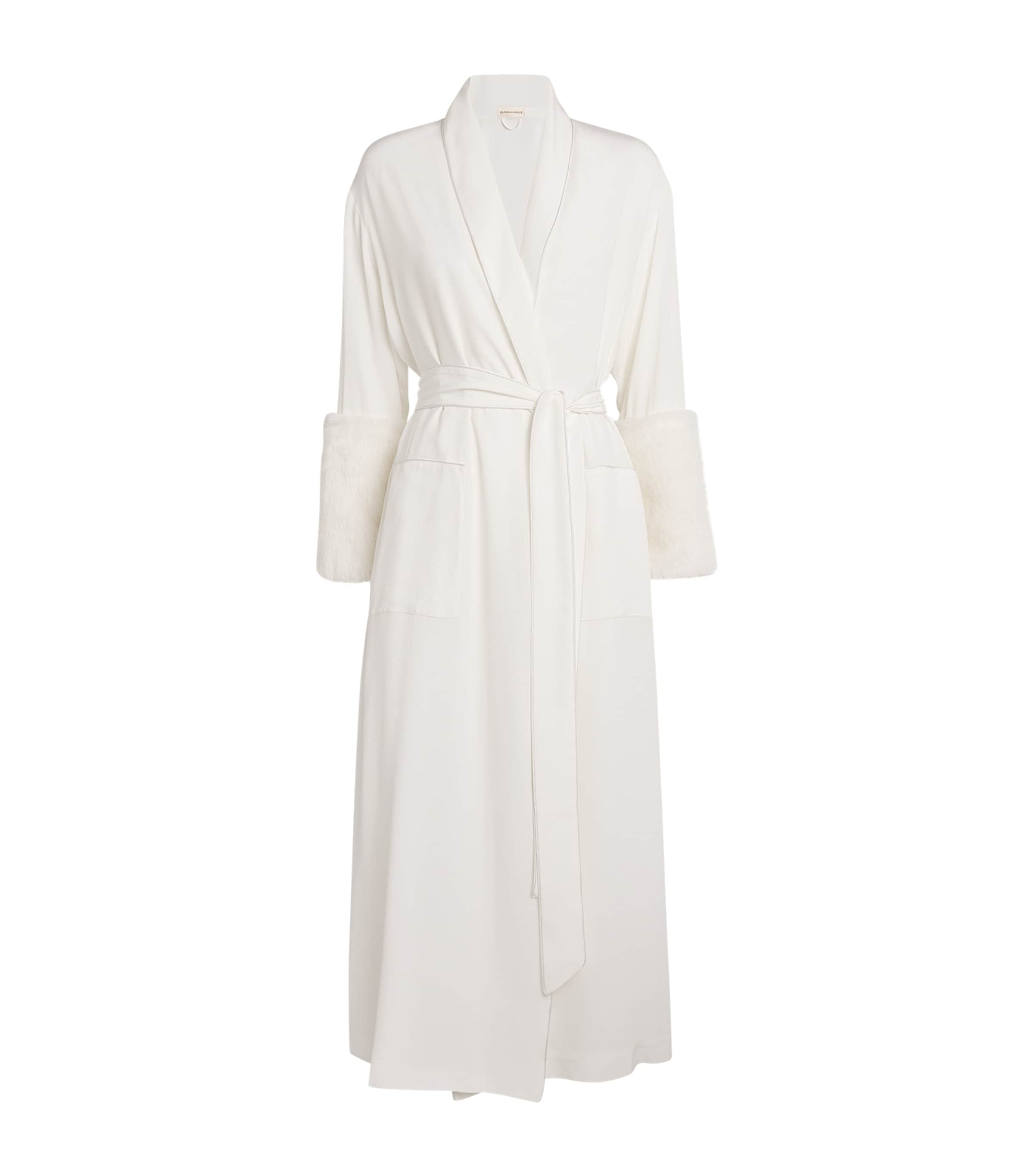 Olivia von Halle Silk Faux Fur-Trim Capability Robe (XS/S) Snow