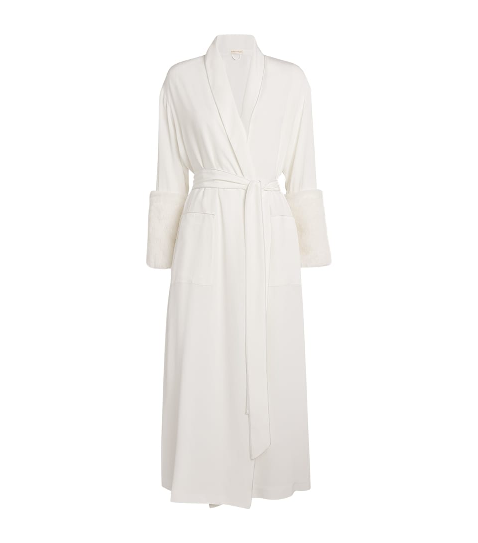 Olivia von Halle Silk Faux Fur-Trim Capability Robe (XS/S) Snow