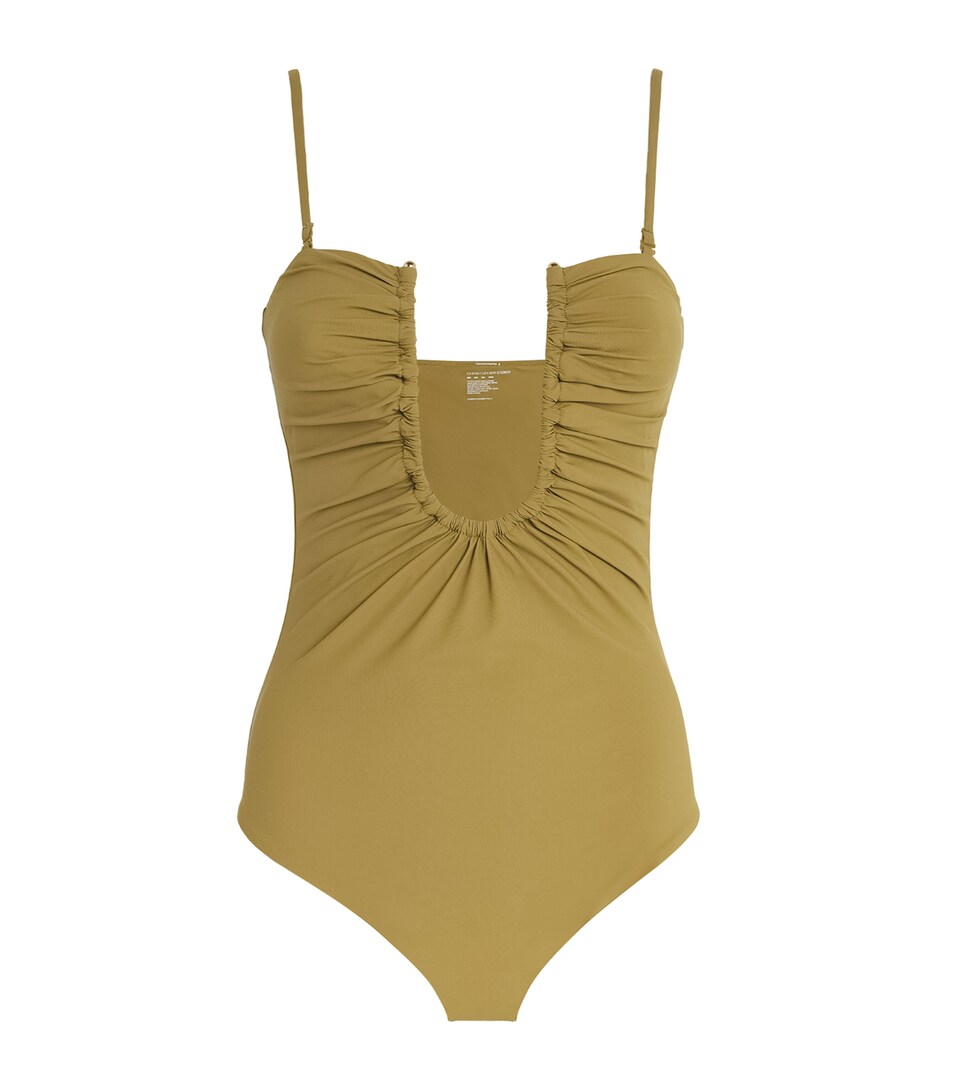 Christopher Esber Ruched Plunge Arced Swimsuit Kombu