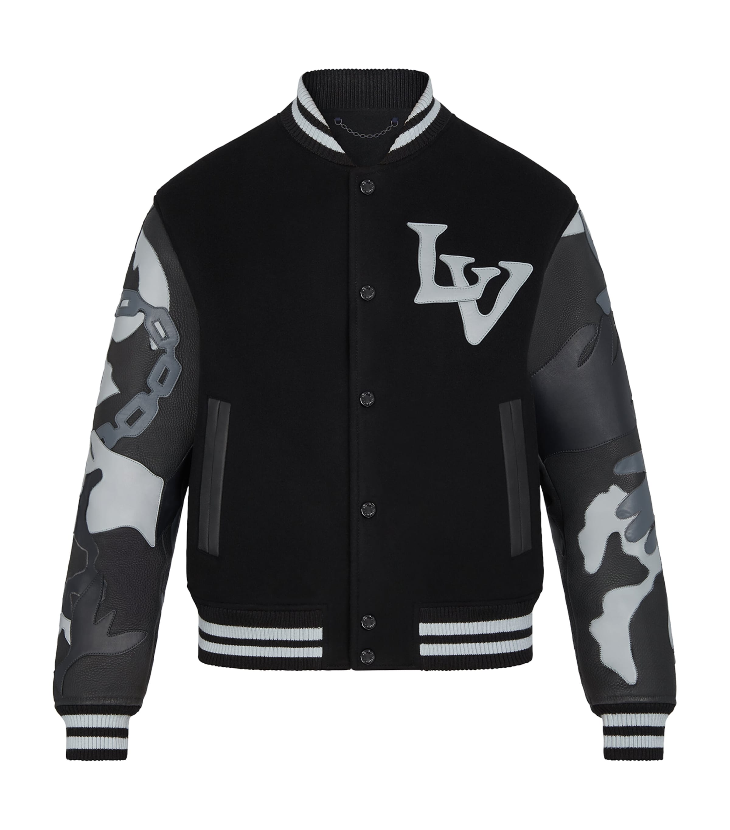 LOUIS VUITTON Leather-Sleeve Varsity Jacket123 Black