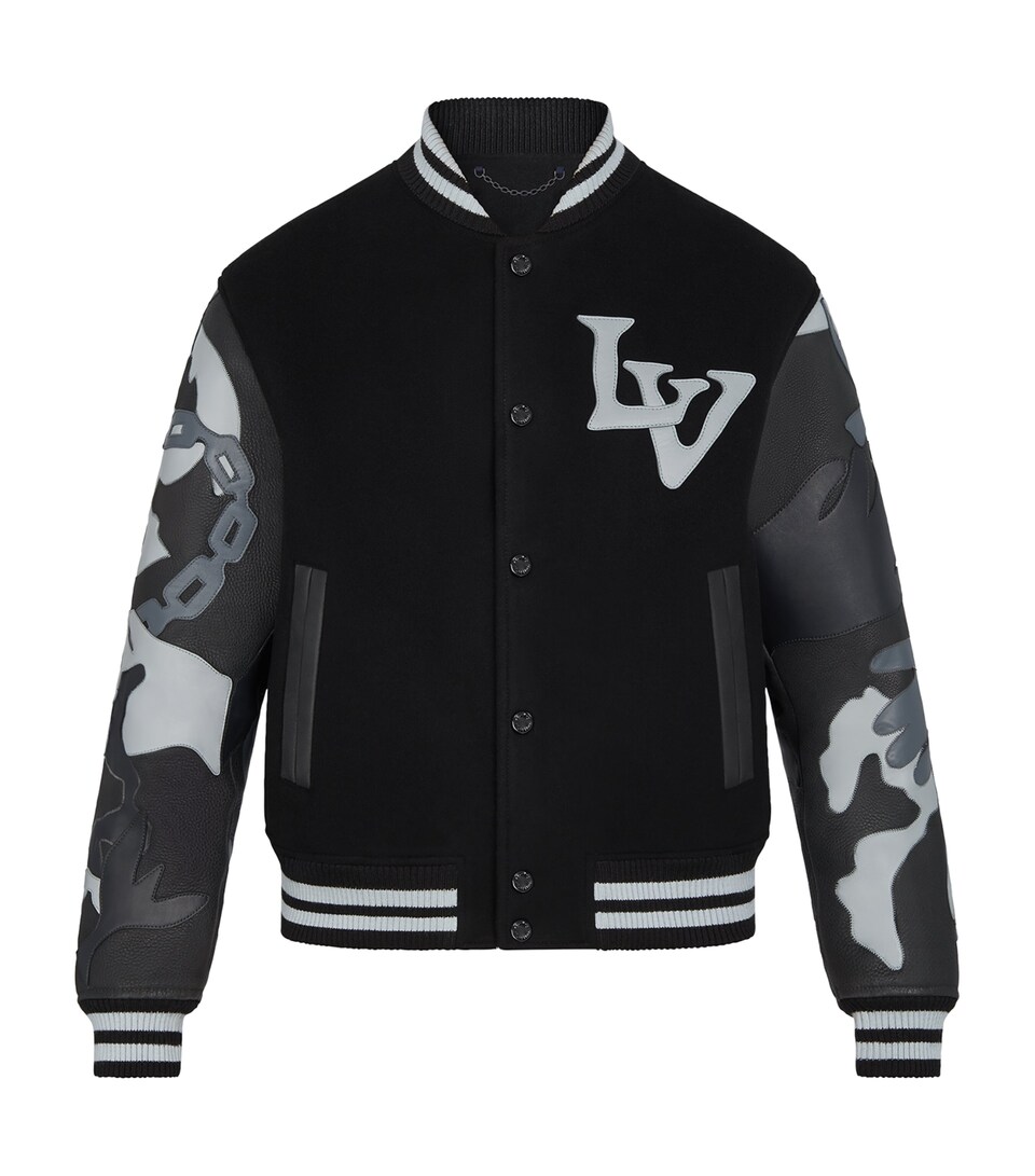 LOUIS VUITTON Leather-Sleeve Varsity Jacket123 Black
