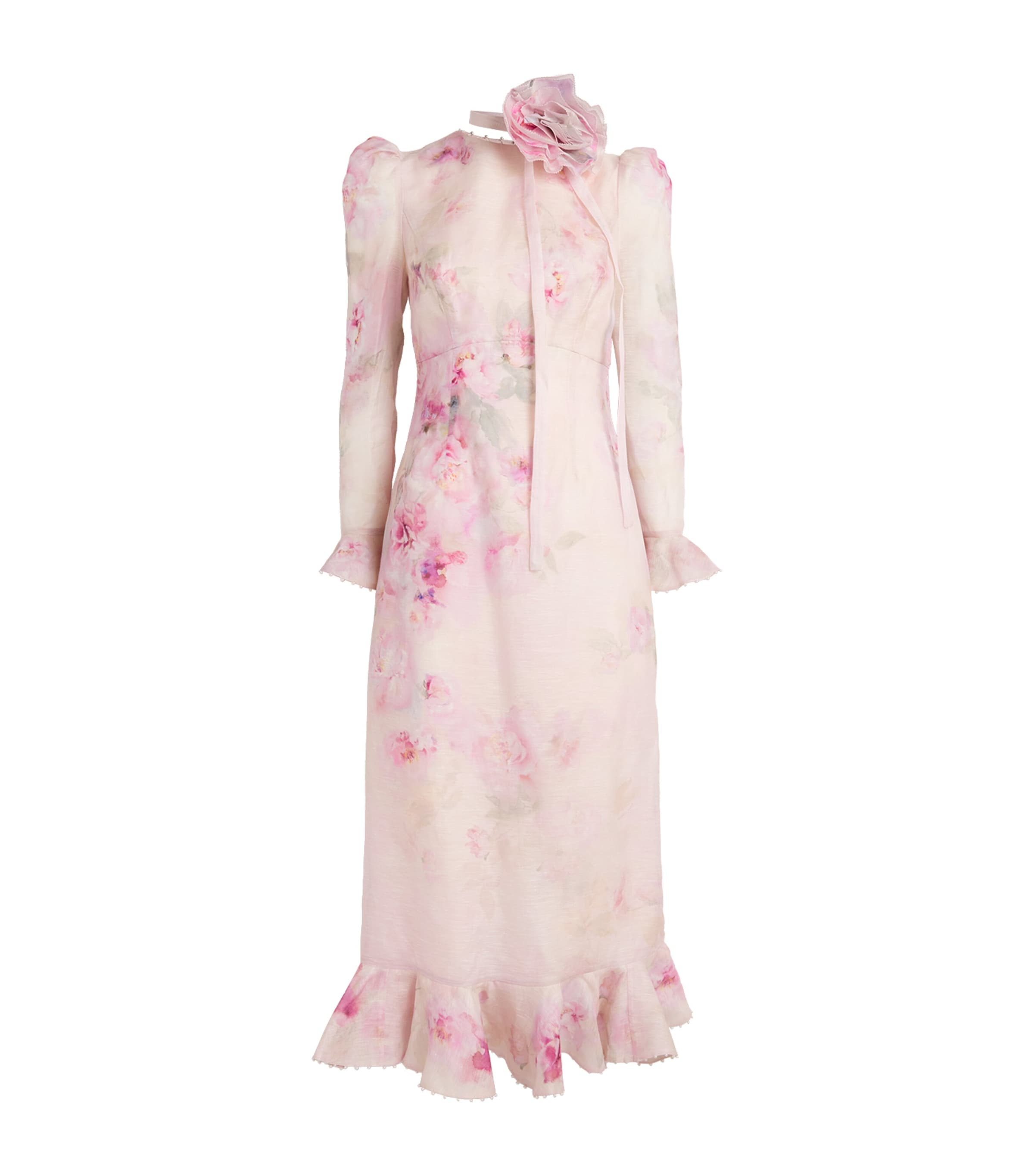 Zimmermann Linen-Silk Floral-Embellished Midi Dress Pifpink Floral